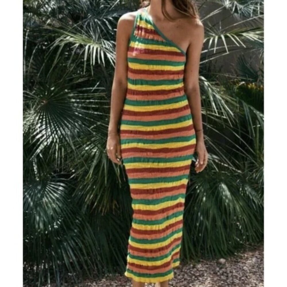 ZARA Women's Midi Dress SMALL Linen Blend Knit Striped 3859/101 Multicolor Asymm